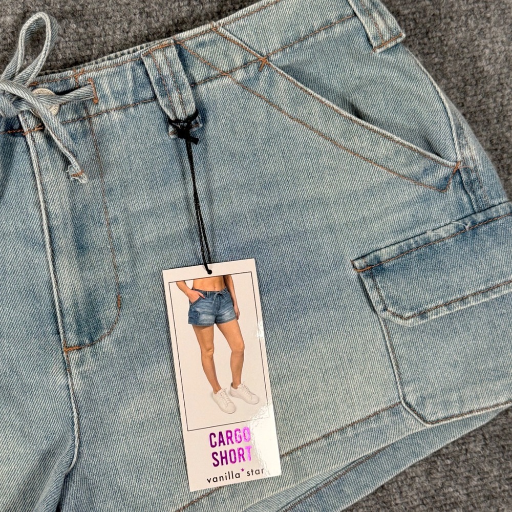 Vanilla Star Denim Cargo Shorts High Rise Drawstring Elastic Waist L Outdoor